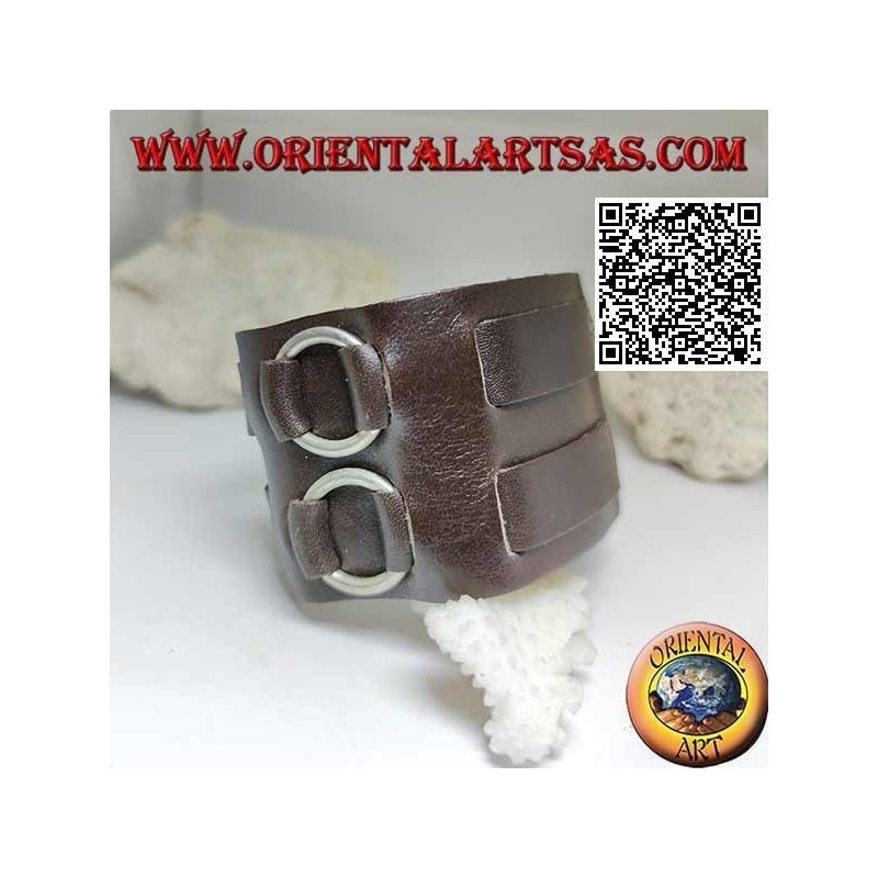 Bracelet large en cuir véritable, double bande entre les anneaux avec fermeture à boucle et 5 longueurs (marron)