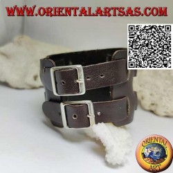 Wide bracelet in real leather, double band between rings with buckle closure and 5 lengths (brown)