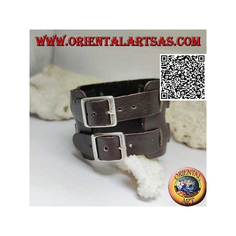 Bracelet large en cuir véritable, double bande entre les anneaux avec fermeture à boucle et 5 longueurs (marron)