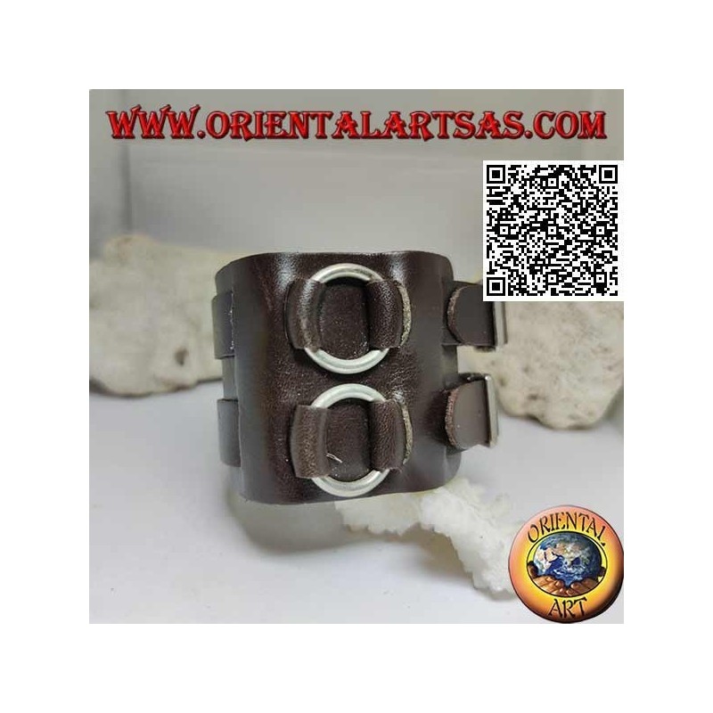 Breites Armband aus echtem Leder, Doppelband zwischen Ringen mit Schnallenverschluss und 5 Längen (braun)