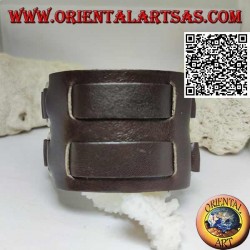 Pulsera ancha en cuero auténtico, doble banda entre anillos con cierre de hebilla y 5 largos (marrón)