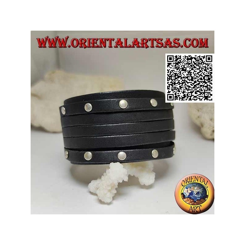 Bracelet large en cuir véritable, 5 brins cloutés et non cloutés sur une fermeture à clip et 2 longueurs (noir)