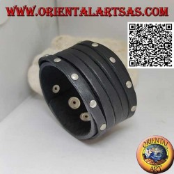 Bracelet large en cuir véritable, 5 brins cloutés et non cloutés sur une fermeture à clip et 2 longueurs (noir)