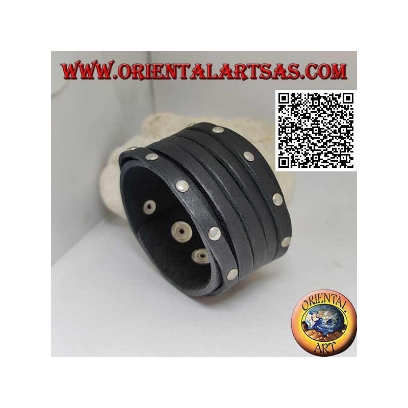 Bracelet large en cuir véritable, 5 brins cloutés et non cloutés sur une fermeture à clip et 2 longueurs (noir)