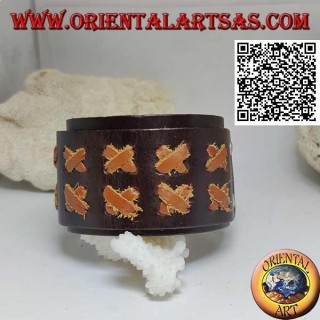 Pulsera ancha en cuero genuino, X en cuero claro con correa con cierre de clip y 2 largos (marrón)