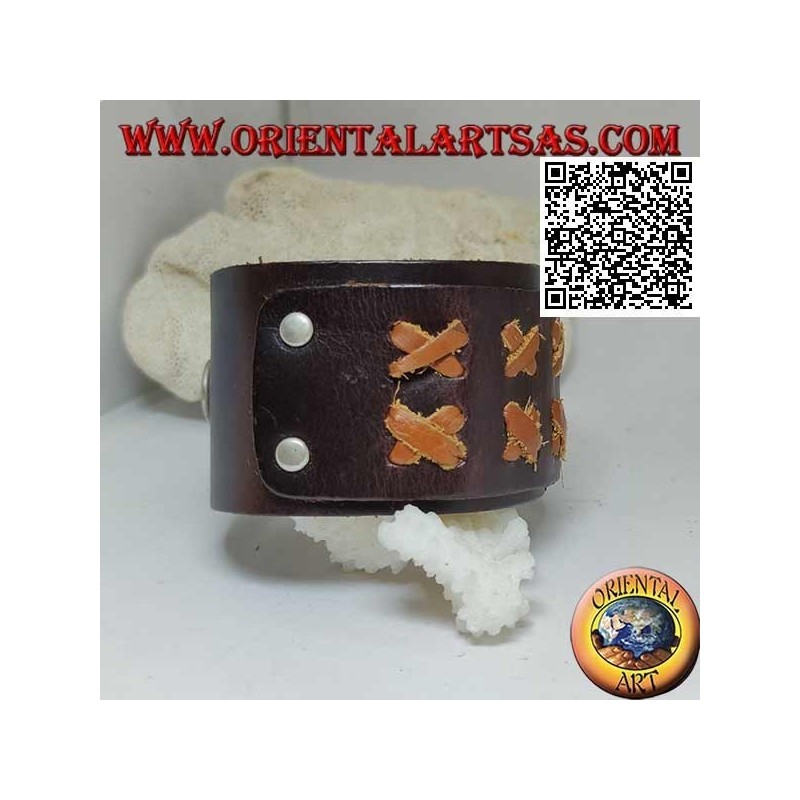 Wide bracelet in genuine leather, X in light leather on strap with clip closure and 2 lengths (brown)