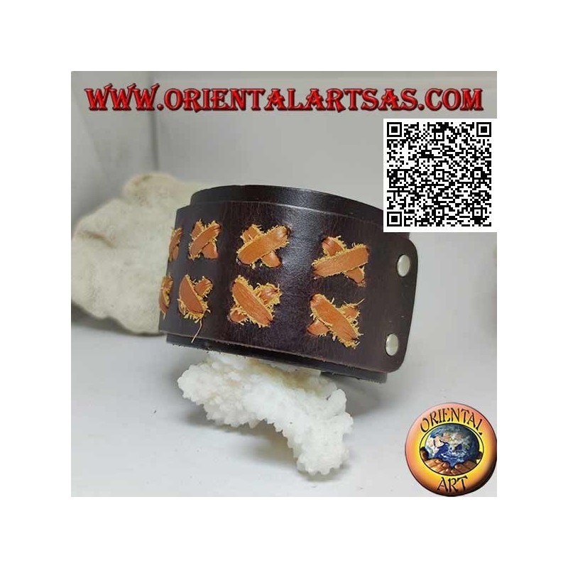 Breites Armband aus echtem Leder, X aus hellem Leder am Riemen mit Clipverschluss und 2 Längen (braun)
