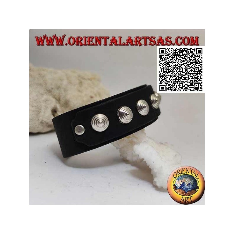 Pulsera de cuero genuino, tachuelas cónicas en la correa con cierre de clip y 2 largos (negro)