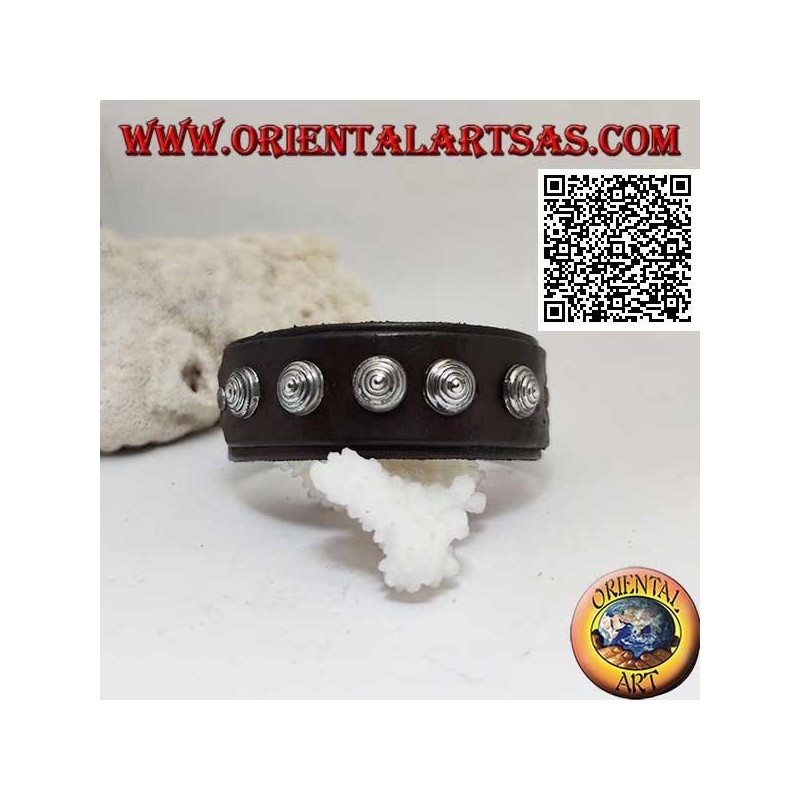 Genuine leather bracelet, conical studs on strap with clip closure and 2 lengths (brown)