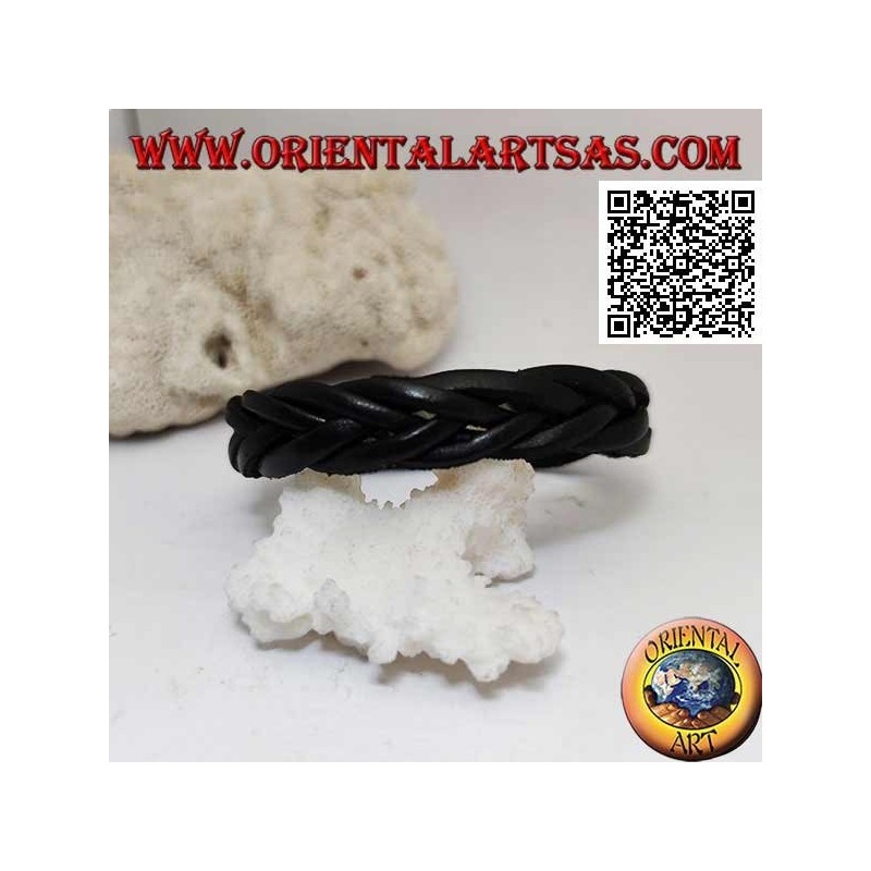 Bracciale in vero cuoio, treccia di 5 fili con chiusura a clip e 2 lunghezze (nero)