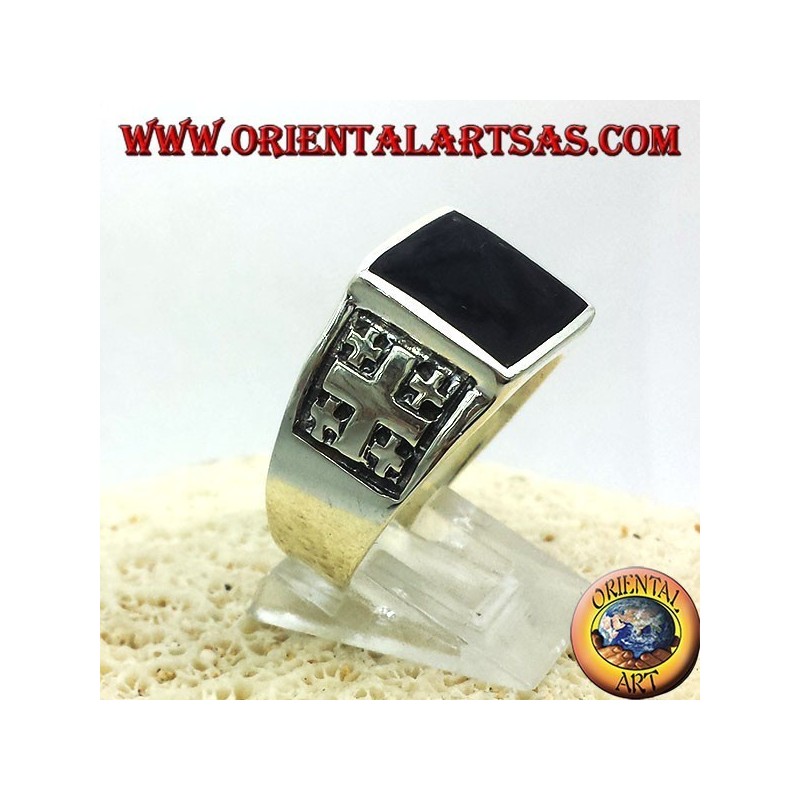 Anillo de la cruz de Jerusalén con Onyx Plata