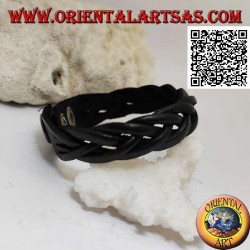 Bracciale in vero cuoio, treccia di 5 fili con chiusura a clip e 2 lunghezze (nero)