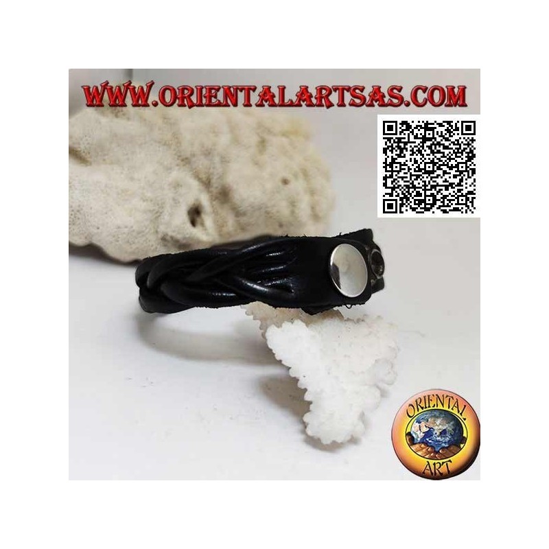 Bracciale in vero cuoio, treccia di 5 fili con chiusura a clip e 2 lunghezze (nero)