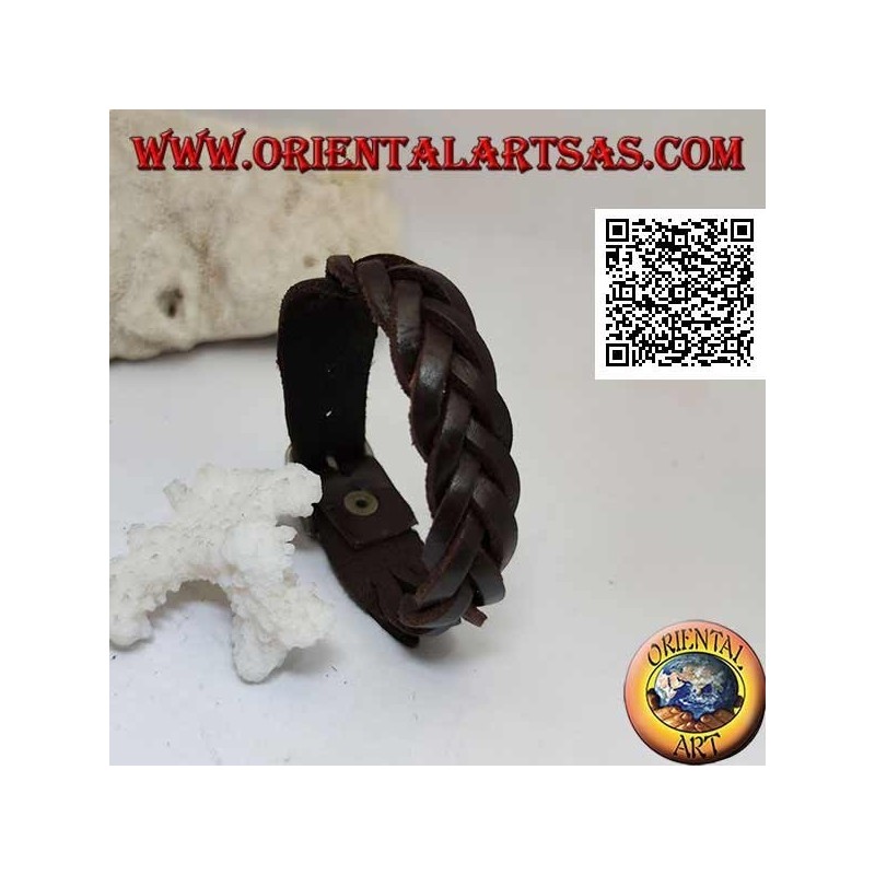 Bracciale in vero cuoio, treccia di 5 fili con chiusura a fibbia e 5 lunghezze (marrone)