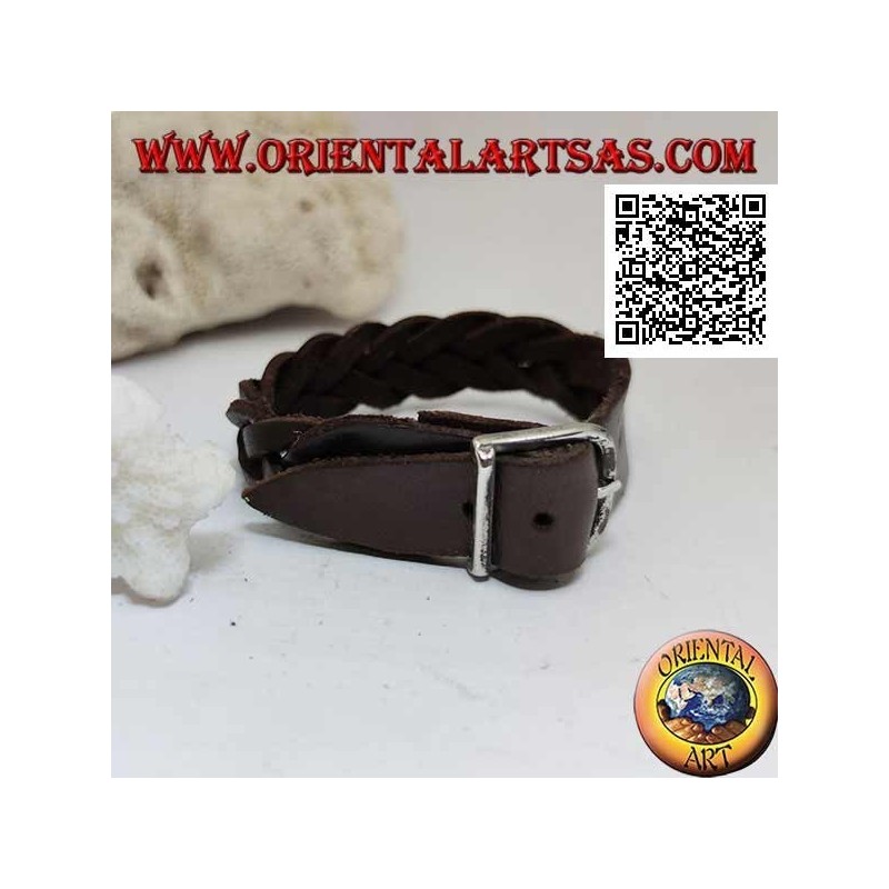 Bracciale in vero cuoio, treccia di 5 fili con chiusura a fibbia e 5 lunghezze (marrone)