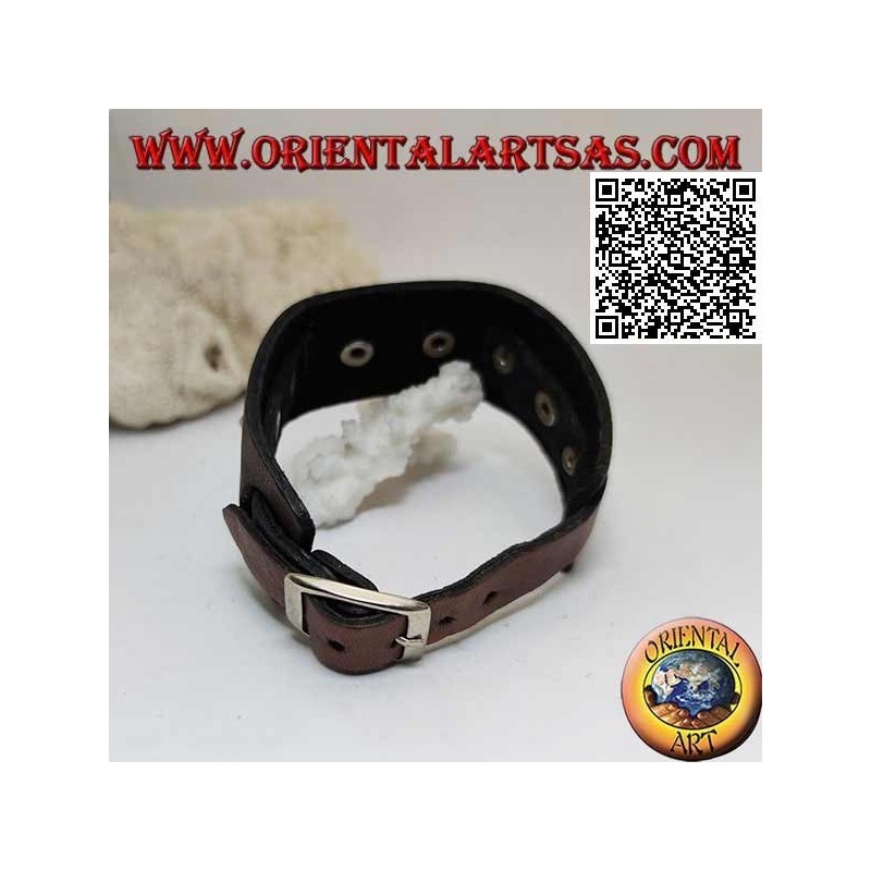 Bracelet en cuir véritable, clous coniques et bande centrale avec fermeture à boucle et 5 longueurs (marron)
