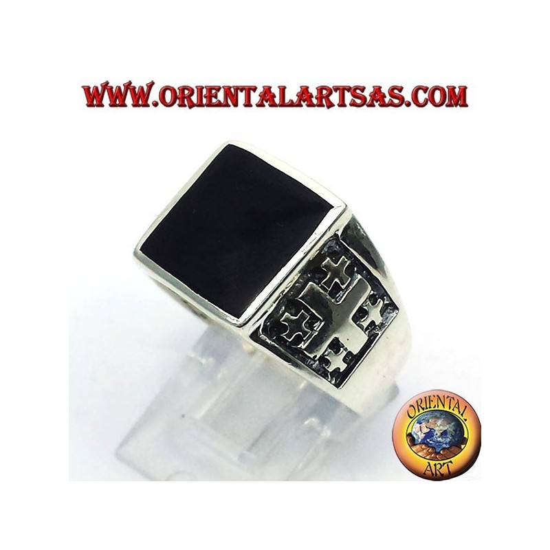 Anillo de la cruz de Jerusalén con Onyx Plata