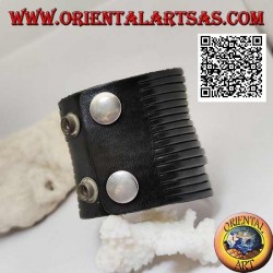 Bracelet large en cuir véritable, avec rayures lisses avec fermeture à clip et 2 longueurs (noir)
