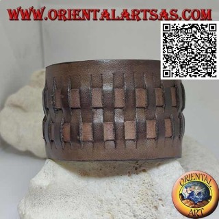 Breites Armband aus echtem Leder mit 2 Geweben im Strohstil mit Clipverschluss und 2 Längen (braun)