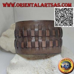 Wide bracelet in genuine leather, with 2 weaves in straw style with clip closure and 2 lengths (brown)