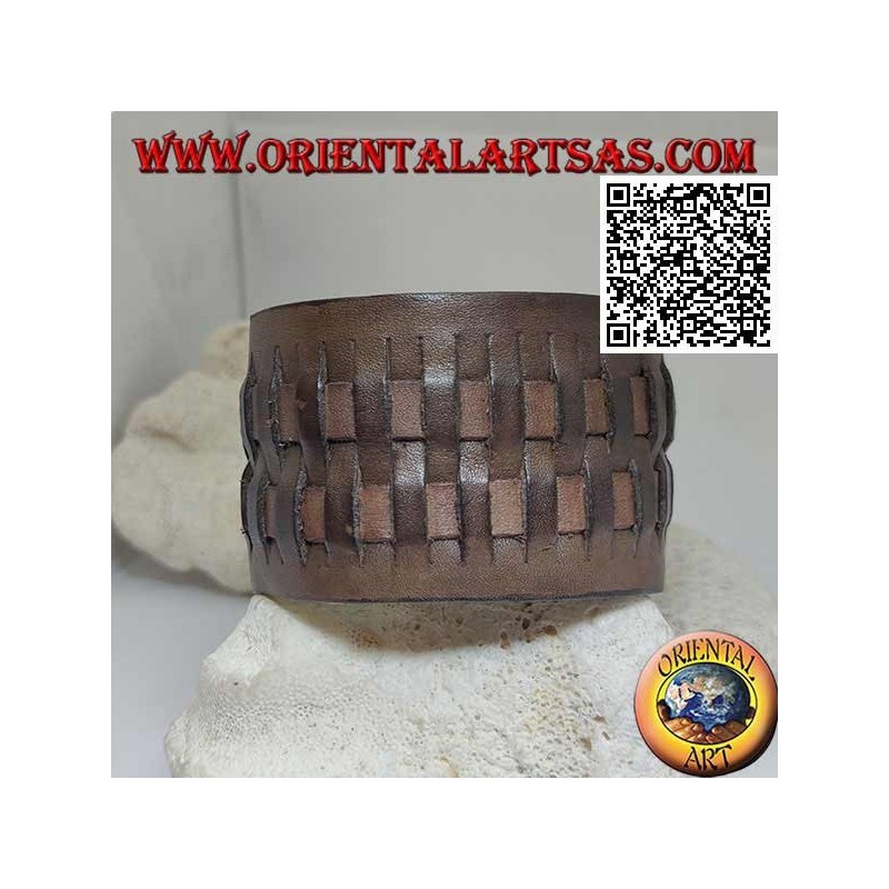 Bracciale largo in vero cuoio, a 2 intrecci in stile paglia con chiusura a clip e 2 lunghezze (marrone)