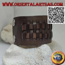 Bracelet large en cuir véritable, avec 2 tissages en style paille avec fermeture à clip et 2 longueurs (marron)