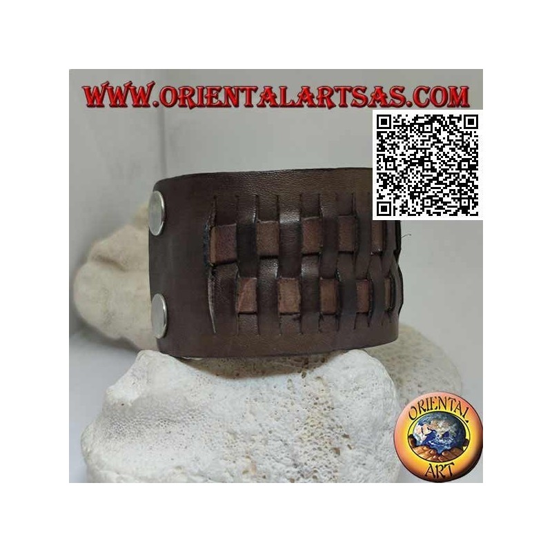 Pulsera ancha de cuero auténtico, con 2 tejidos en estilo paja con cierre de clip y 2 largos (marrón)