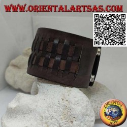 Pulsera ancha de cuero auténtico, con 2 tejidos en estilo paja con cierre de clip y 2 largos (marrón)