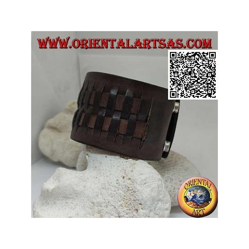 Breites Armband aus echtem Leder mit 2 Geweben im Strohstil mit Clipverschluss und 2 Längen (braun)