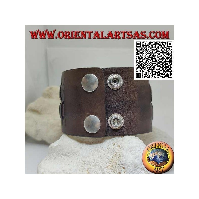 Pulsera ancha de cuero auténtico, con 2 tejidos en estilo paja con cierre de clip y 2 largos (marrón)