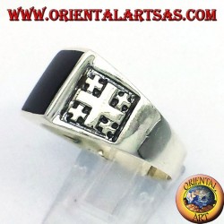 Ring Jerusalem Cross with Onyx Silver