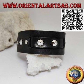 Bracelet en cuir véritable, clous coniques et bande centrale avec fermeture à boucle et 5 longueurs (noir)