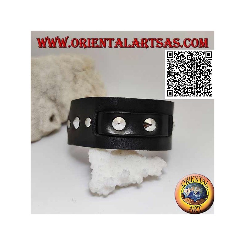 Echtes Lederarmband, konische Nieten und Mittelband mit Schnallenverschluss und 5 Längen (schwarz)