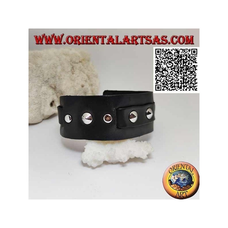 Genuine leather bracelet, conical studs and central band with buckle closure and 5 lengths (black)