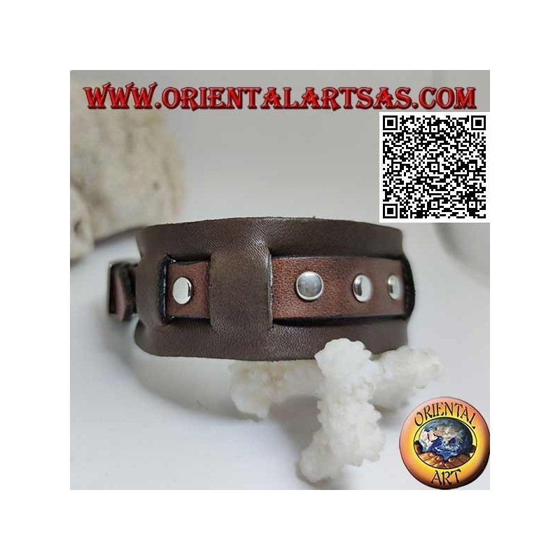 Genuine leather bracelet, studs on broken strap with buckle closure and 5 lengths (brown)