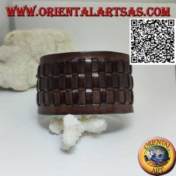 Breites Armband aus echtem Leder mit 3 Geweben im Strohstil mit Clipverschluss und 2 Längen (braun)