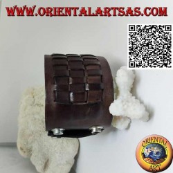 Wide bracelet in genuine leather, with 3 weaves in straw style with clip closure and 2 lengths (brown)