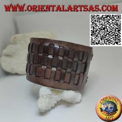 Wide bracelet in genuine leather, with 3 weaves in straw style with clip closure and 2 lengths (brown)