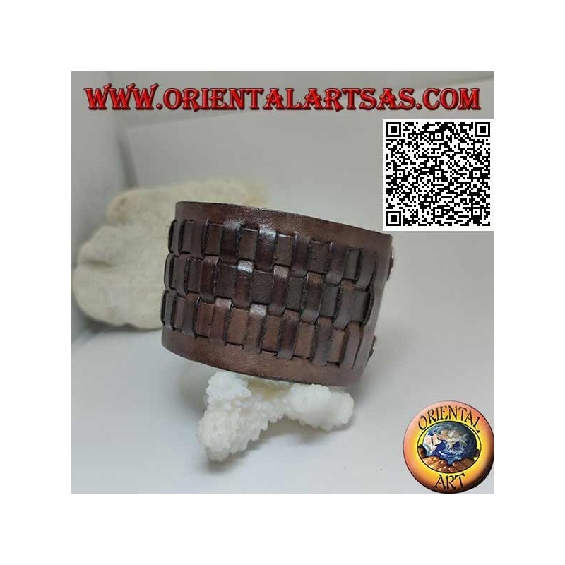 Bracciale largo in vero cuoio, a 3 intrecci in stile paglia con chiusura a clip e 2 lunghezze (marrone)