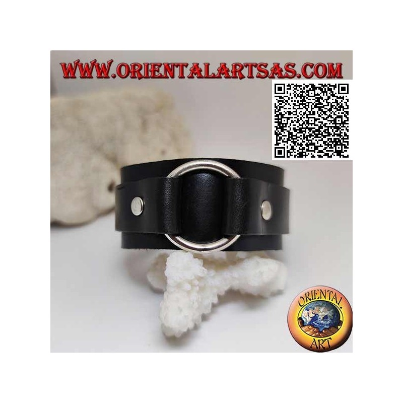 Echtes Lederarmband, zentraler Ring zwischen den Trägern mit Schnallenverschluss und 5 Längen (schwarz)