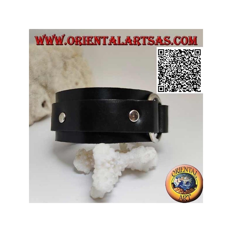 Pulsera de piel auténtica, anilla central entre correas con cierre de hebilla y 5 largos (negro)