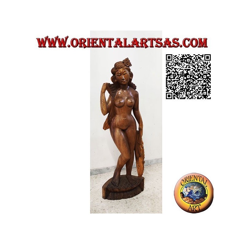 Sculpture statue de femme nue orientale posant en un seul bloc de bois de suar (155 cm)