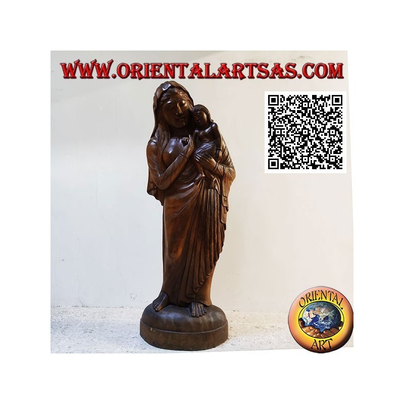 Sculpture statue of a mother with child on her lap made from a single block of suar wood (148 cm)