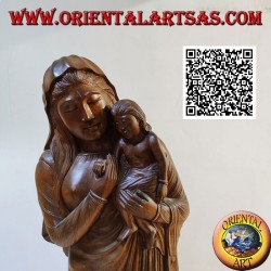 Sculpture statue d'une mère avec son enfant sur ses genoux en un seul bloc de bois de suar (148 cm)