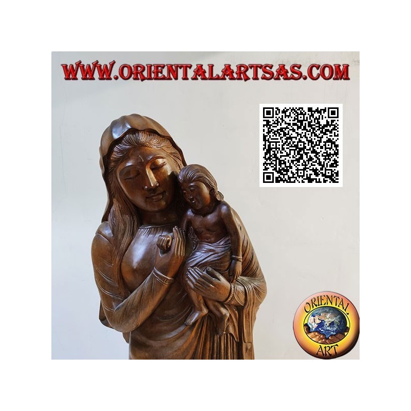 Scultura statua di una madre con bambino in grembo realizzata da un unico blocco di legno di suar (148 cm)