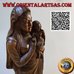 Sculpture statue d'une mère avec son enfant sur ses genoux en un seul bloc de bois de suar (148 cm)