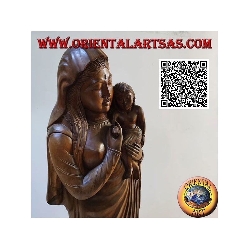 Scultura statua di una madre con bambino in grembo realizzata da un unico blocco di legno di suar (148 cm)