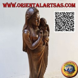 Sculpture statue d'une mère avec son enfant sur ses genoux en un seul bloc de bois de suar (148 cm)