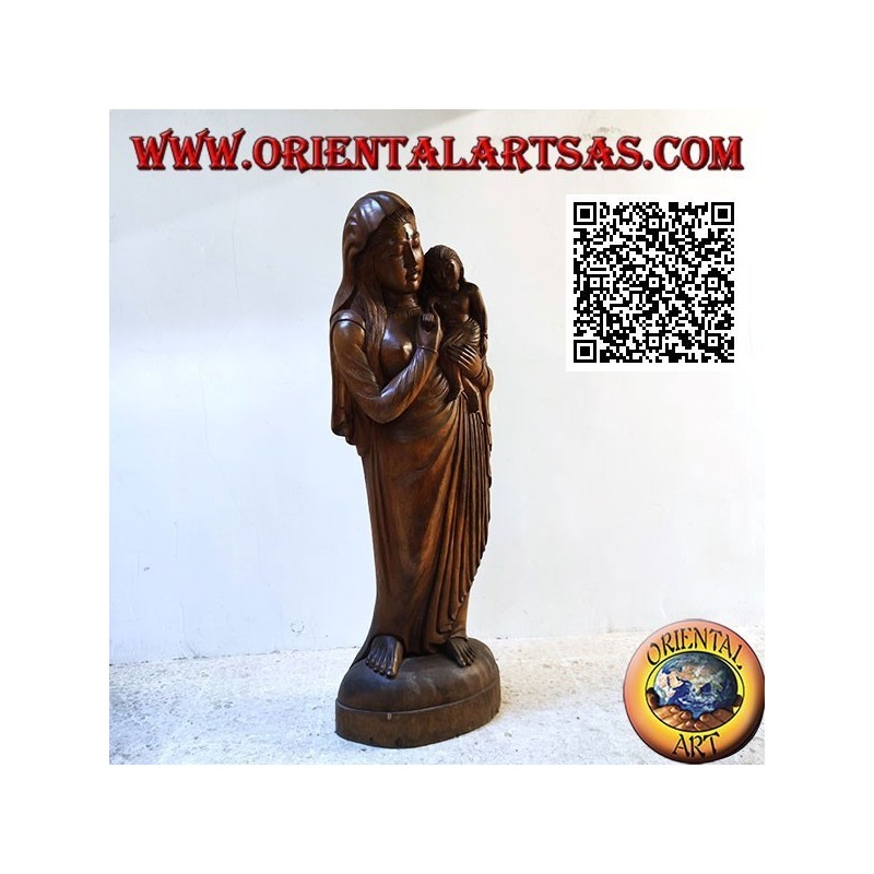 Scultura statua di una madre con bambino in grembo realizzata da un unico blocco di legno di suar (148 cm)