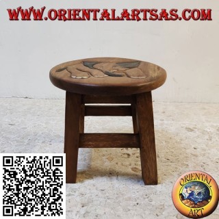 Low stool in suar wood with hand painted engraved elephant